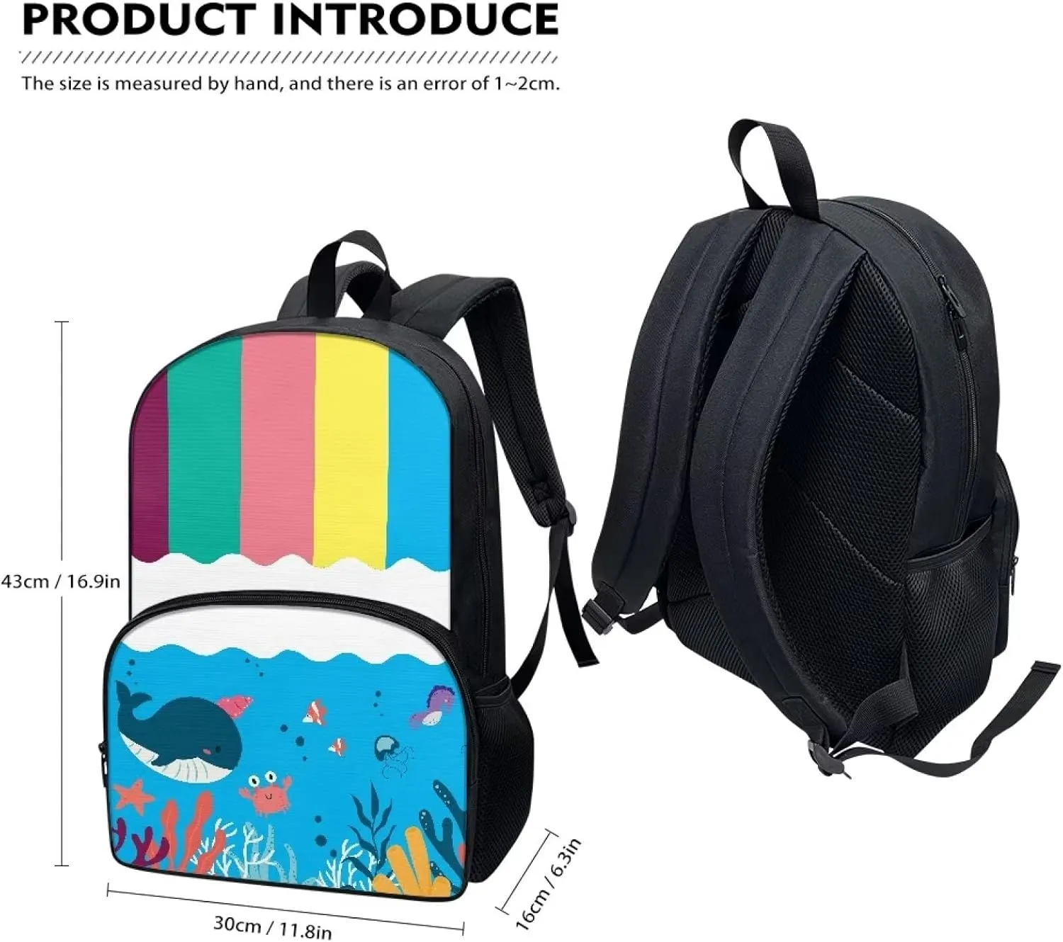 Cartoon Crab Whale Backpacks for Boys Girls Durable Soft Padded Back Lightweight School Bookbag Kids Student Campus Travel Large Capacity 17 Inch Cute Backpack with Front Pocket