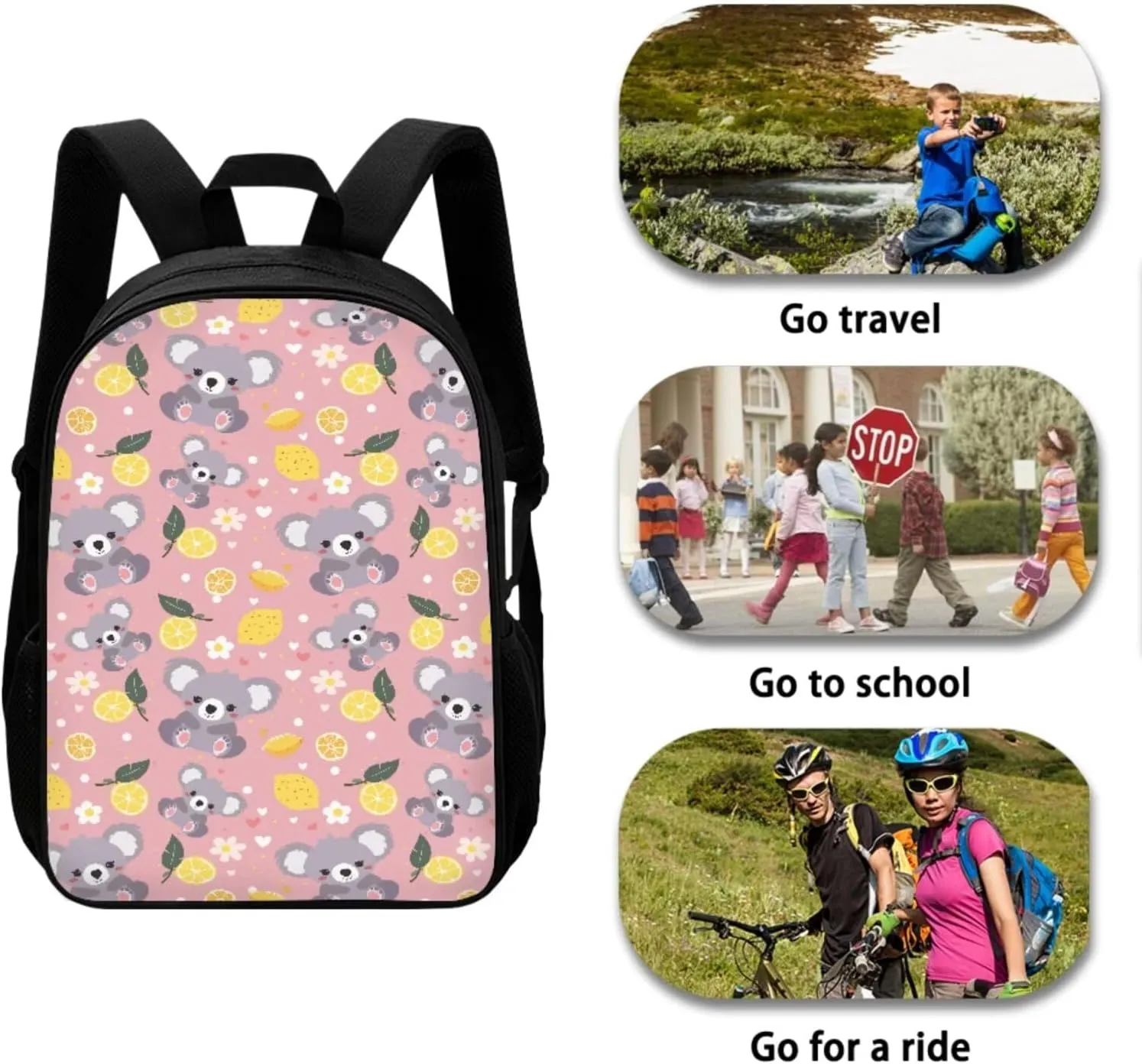 Cartoon Koala Kids Travel Backpack Lemon Back Pack Lunch Bag Lunch Bag with Bottle Holder Insulated Lunch Containers for Kids Book Bag Set Casual Vacation Outdoor