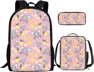 Cartoon Koala Kids Travel Backpack Lemon Back Pack Lunch Bag Lunch Bag with Bottle Holder Insulated Lunch Containers for Kids Book Bag Set Casual Vacation Outdoor