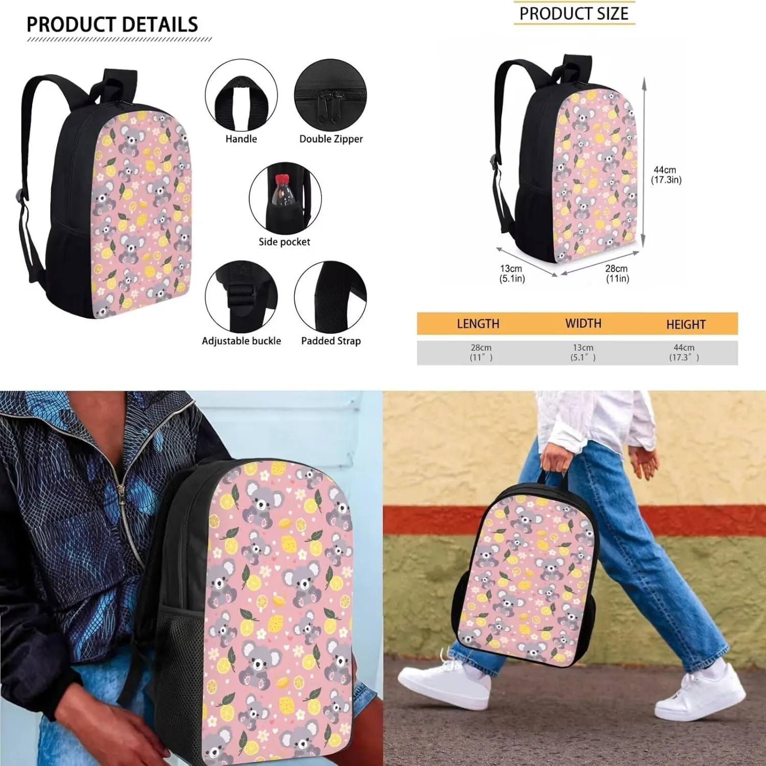 Cartoon Koala Kids Travel Backpack Lemon Back Pack Lunch Bag Lunch Bag with Bottle Holder Insulated Lunch Containers for Kids Book Bag Set Casual Vacation Outdoor