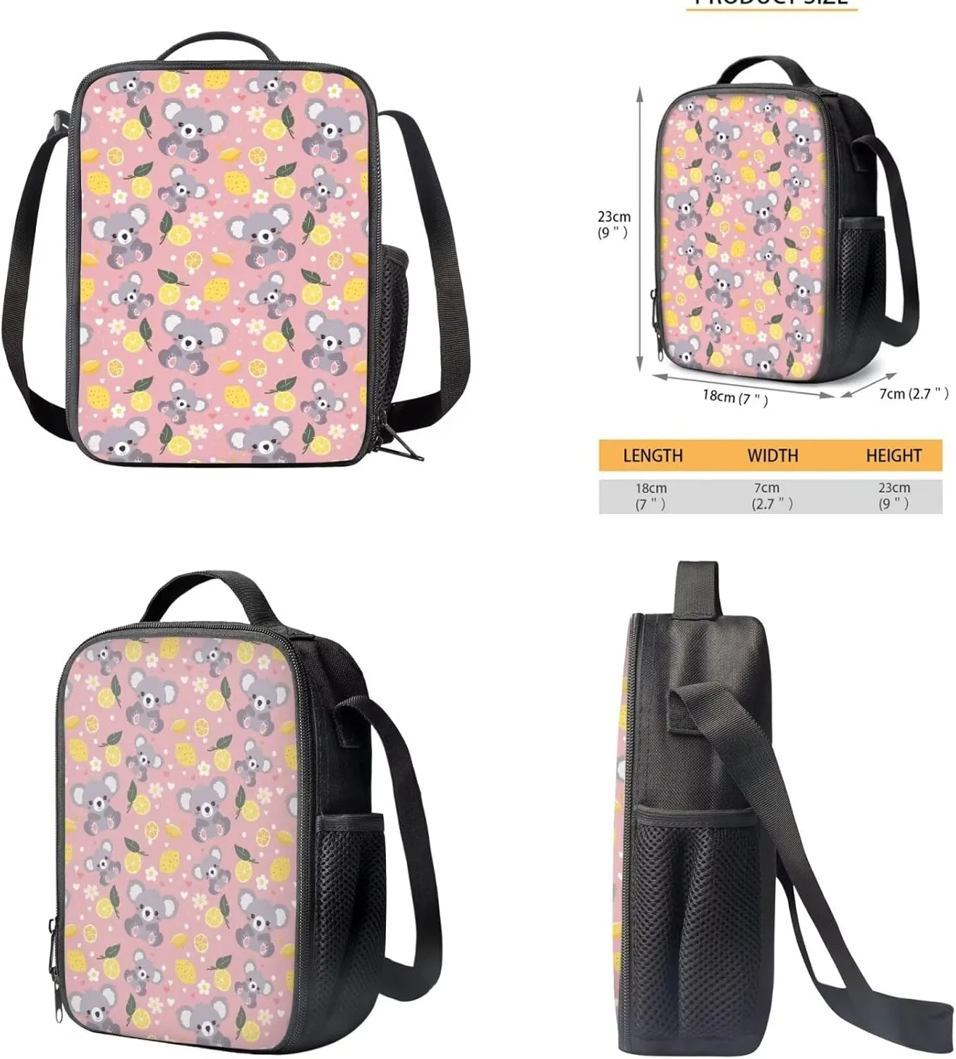 Cartoon Koala Kids Travel Backpack Lemon Back Pack Lunch Bag Lunch Bag with Bottle Holder Insulated Lunch Containers for Kids Book Bag Set Casual Vacation Outdoor