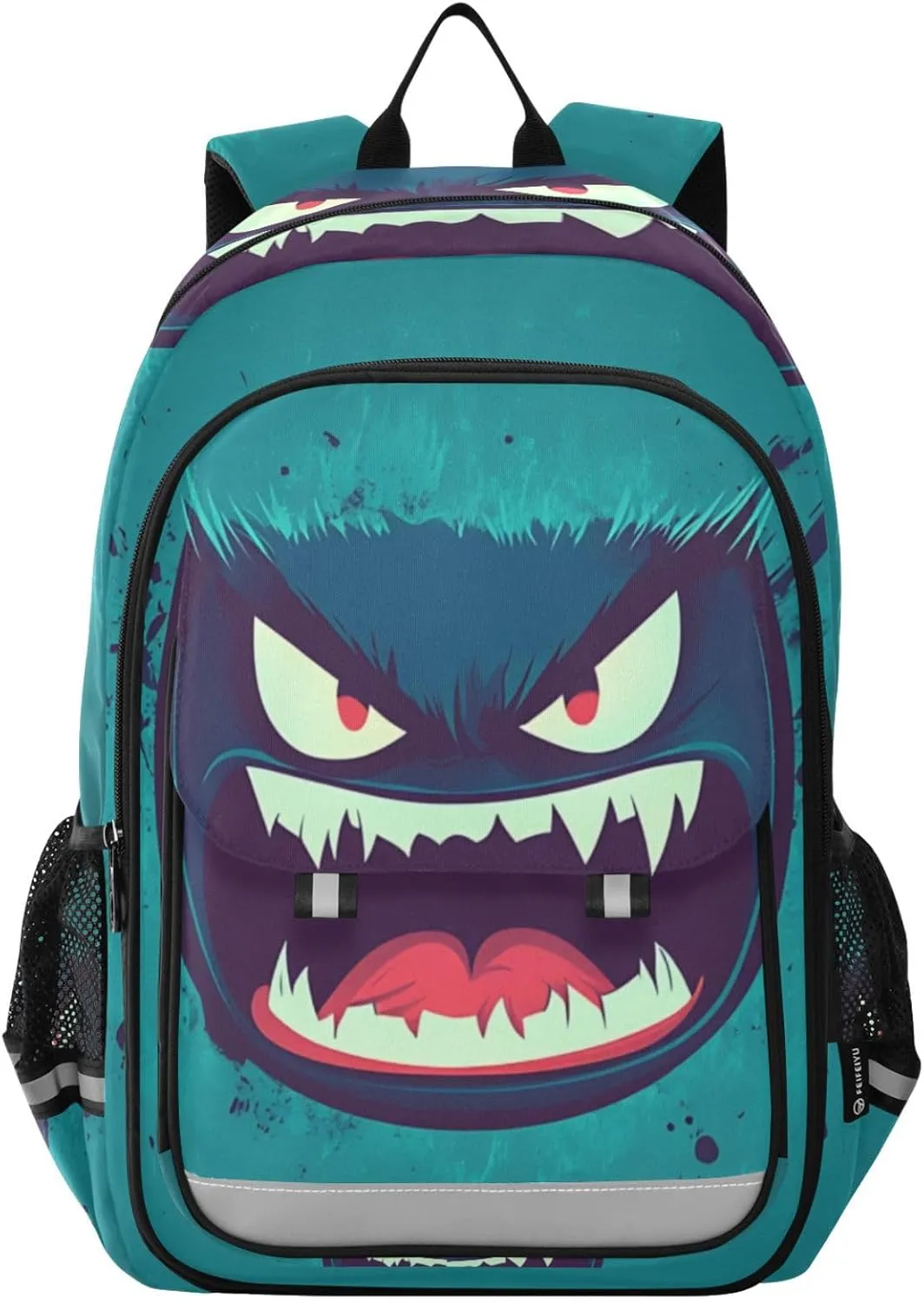 Cartoon Monster Face Backpack for Women Men Travel Laptop Daypack Shoulder Bag Book Bag Daypack with Reflective Strip 12.9” × 17.7”