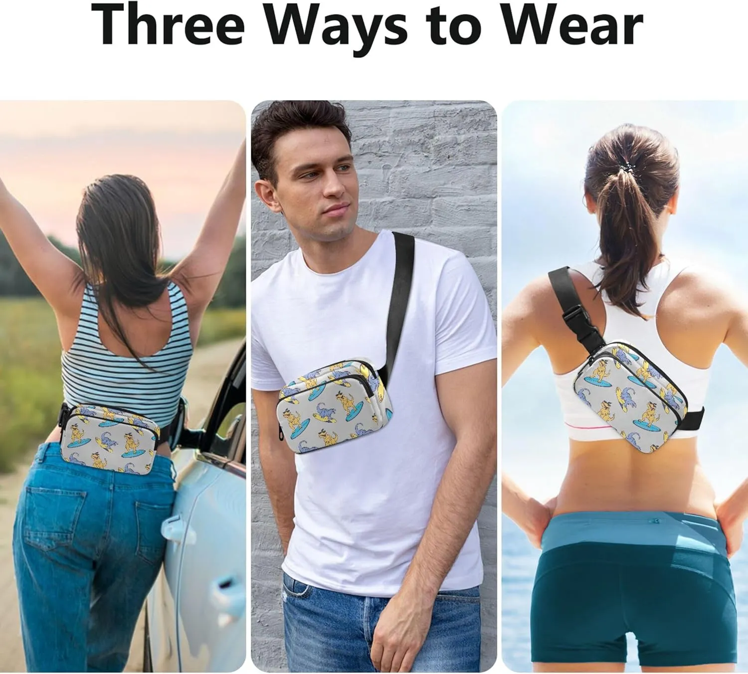 Cartoonish Rex Surfboard Funny Womens Fanny Pack Hip Pouch Belt Bag Waterproof Designer Travel Waist Bag