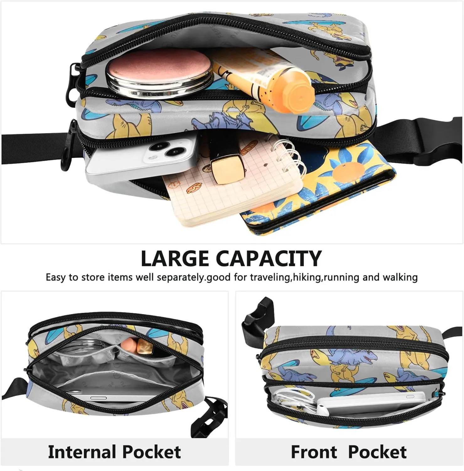 Cartoonish Rex Surfboard Funny Womens Fanny Pack Hip Pouch Belt Bag Waterproof Designer Travel Waist Bag
