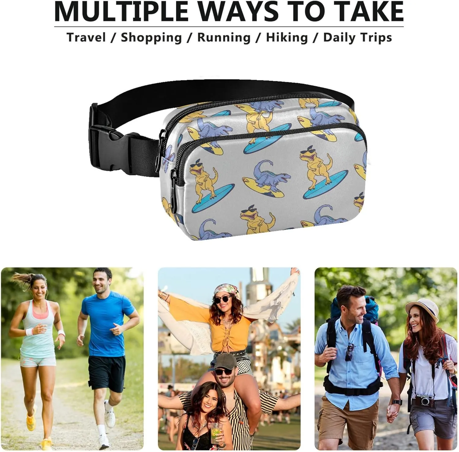 Cartoonish Rex Surfboard Funny Womens Fanny Pack Hip Pouch Belt Bag Waterproof Designer Travel Waist Bag
