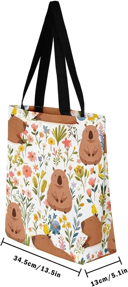 Castle Fairy Hippie Flowers Canvas Tote Bag Aesthetic for Women Girls,Cute Animals Reusable Grocery Handbag