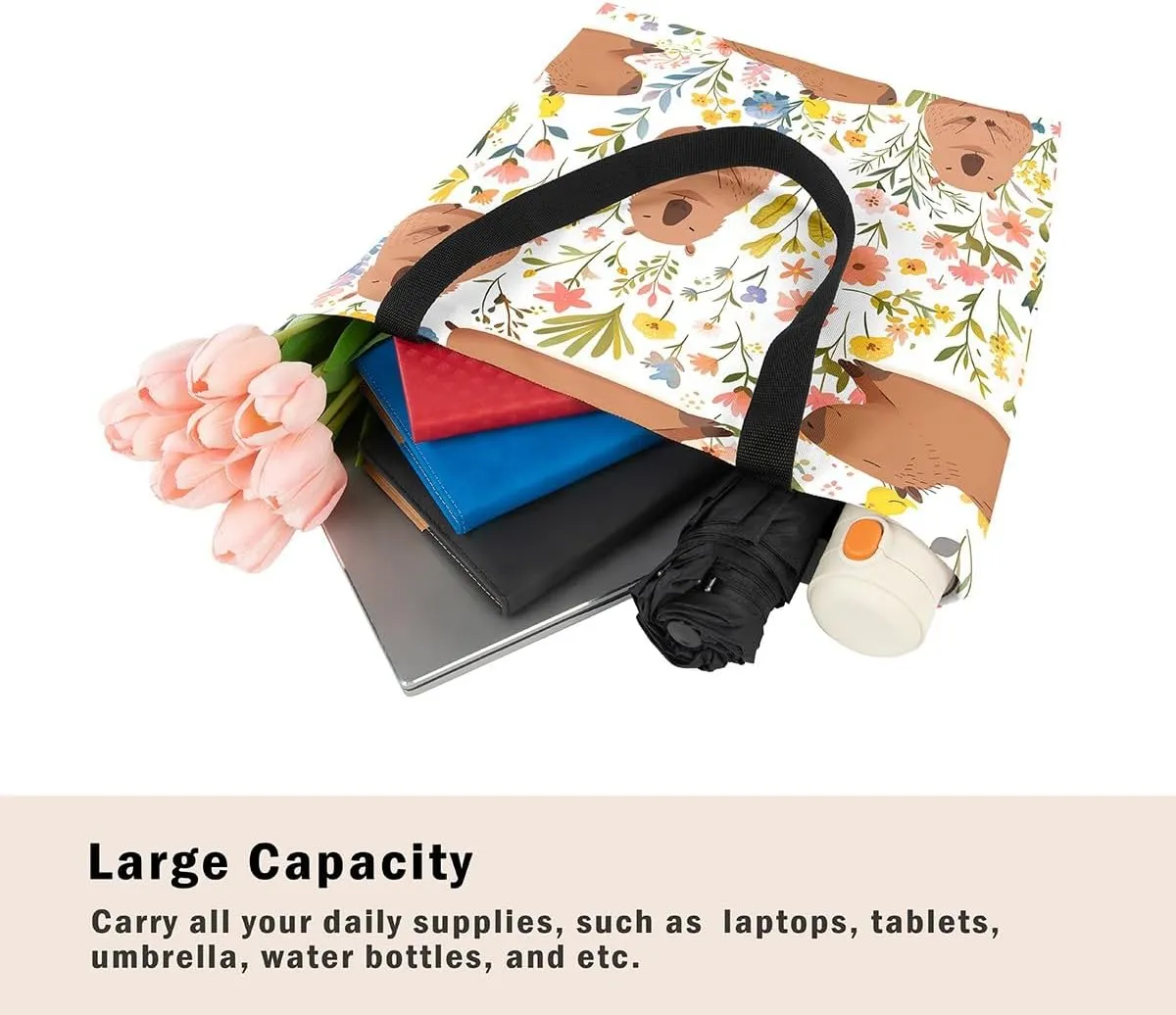 Castle Fairy Hippie Flowers Canvas Tote Bag Aesthetic for Women Girls,Cute Animals Reusable Grocery Handbag