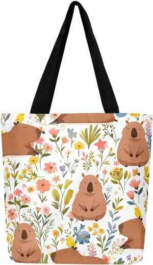 Castle Fairy Hippie Flowers Canvas Tote Bag Aesthetic for Women Girls,Cute Animals Reusable Grocery Handbag