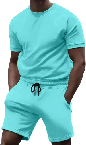 Casual 2 Piece Tracksuits for Men Slim Fit Crewneck Short Sleeve Shirt and Drawstring Shorts Sets Solid Curved Hem Outfits
