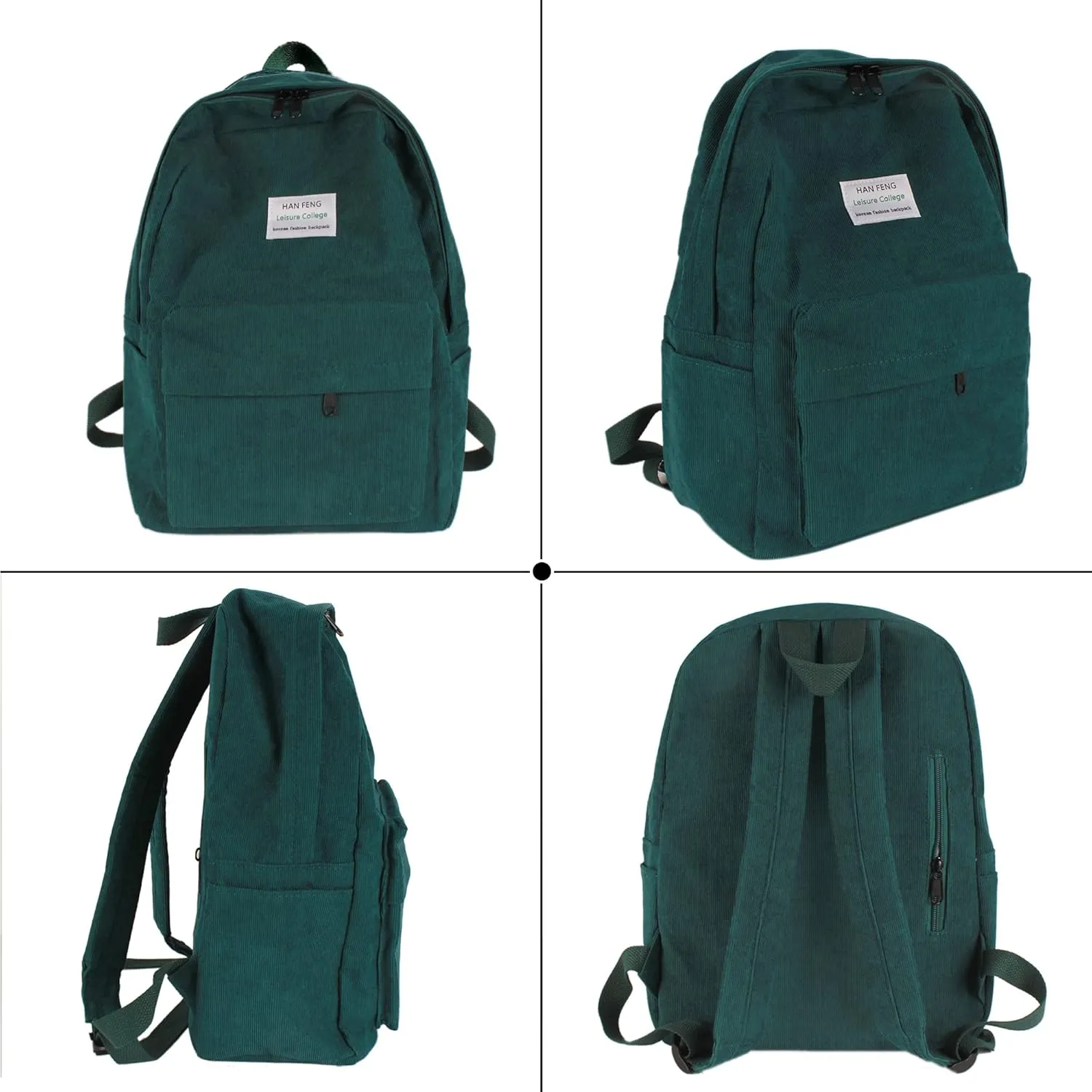 Casual Corduroy Backpack Travel Daypack Book Bag Laptop Bag for Women Men, Dark Green
