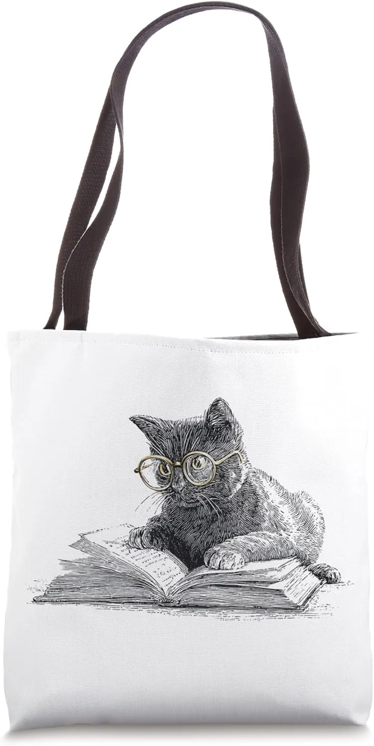 Cat Reading Book Glasses Book Lover Tote Bag