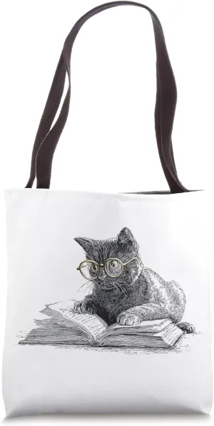 Cat Reading Book Glasses Book Lover Tote Bag