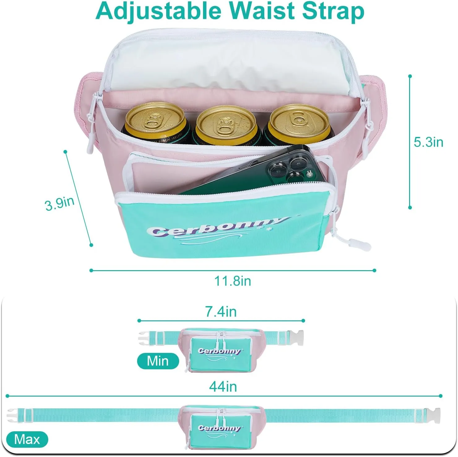 Cerbonny Small Cooler Bag,Insulated Snack Bag,Freezable Snack Bags,80s Fanny Pack,Retro Cooler,Fanny Packs,Pink&Green