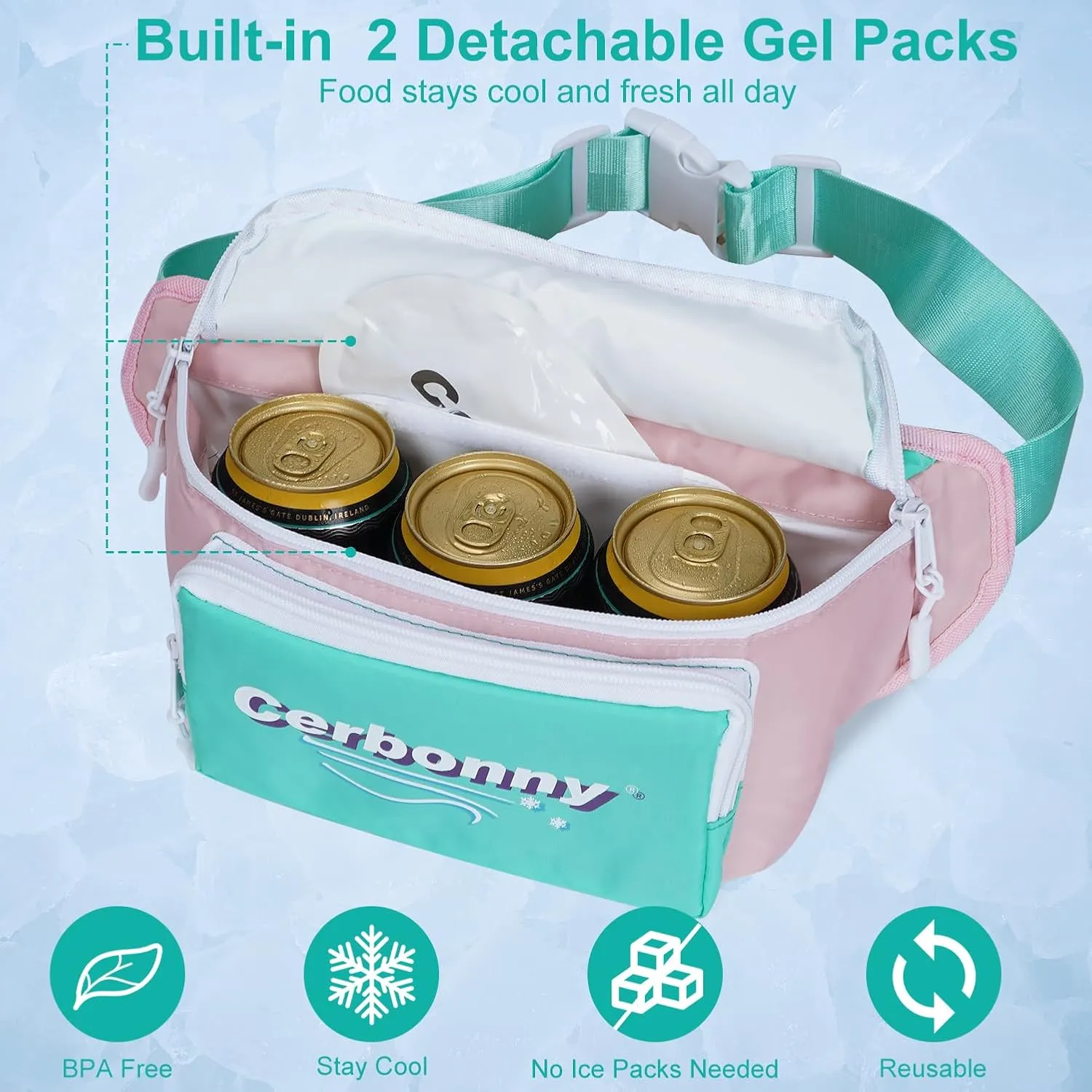 Cerbonny Small Cooler Bag,Insulated Snack Bag,Freezable Snack Bags,80s Fanny Pack,Retro Cooler,Fanny Packs,Pink&Green
