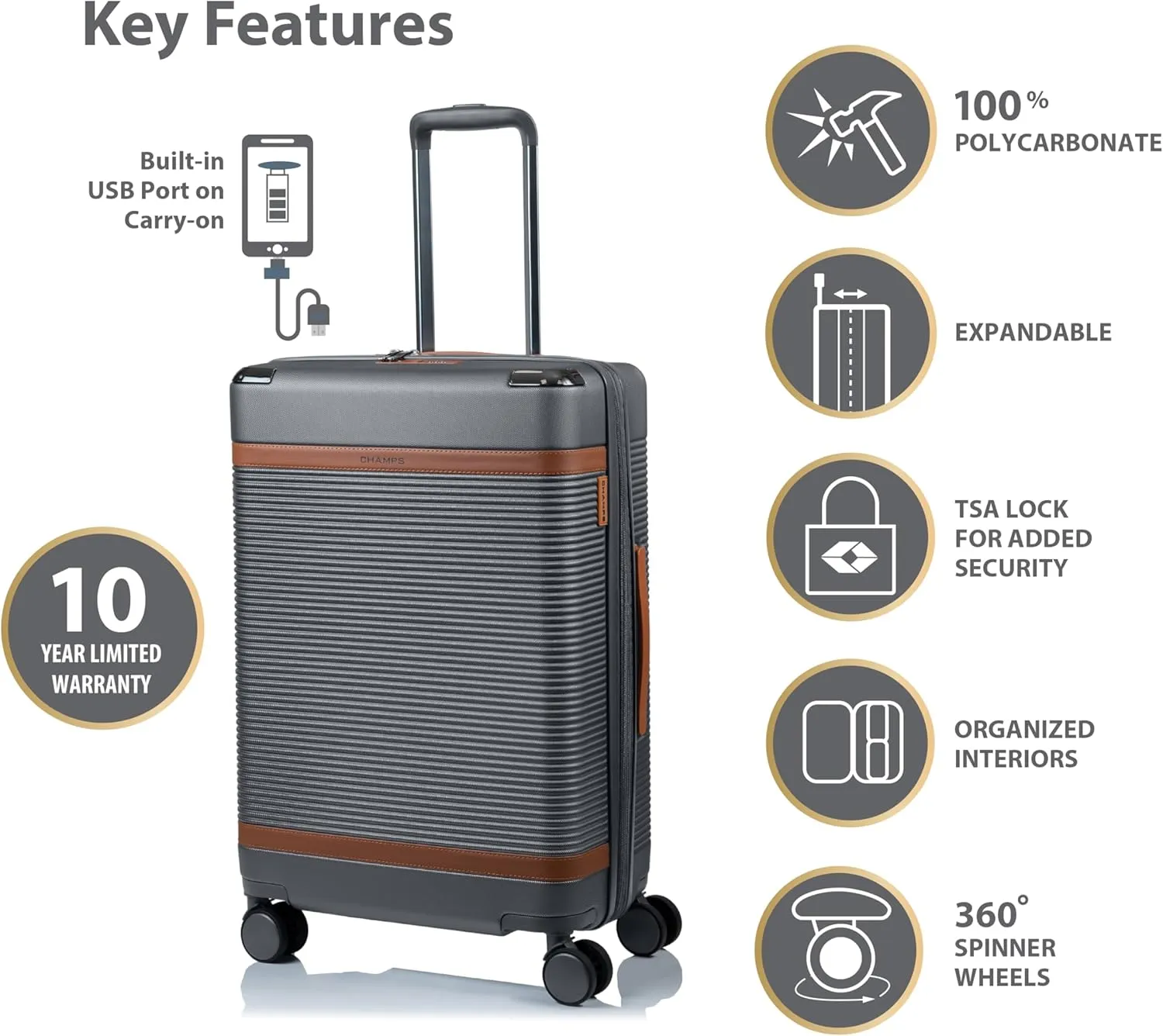 CHAMPS 'VINTAGE III COLLECTION' 3-PIECE EXPANDABLE HARDSIDE SPINNER LUGGAGE SET WITH USB PORT (GREY)