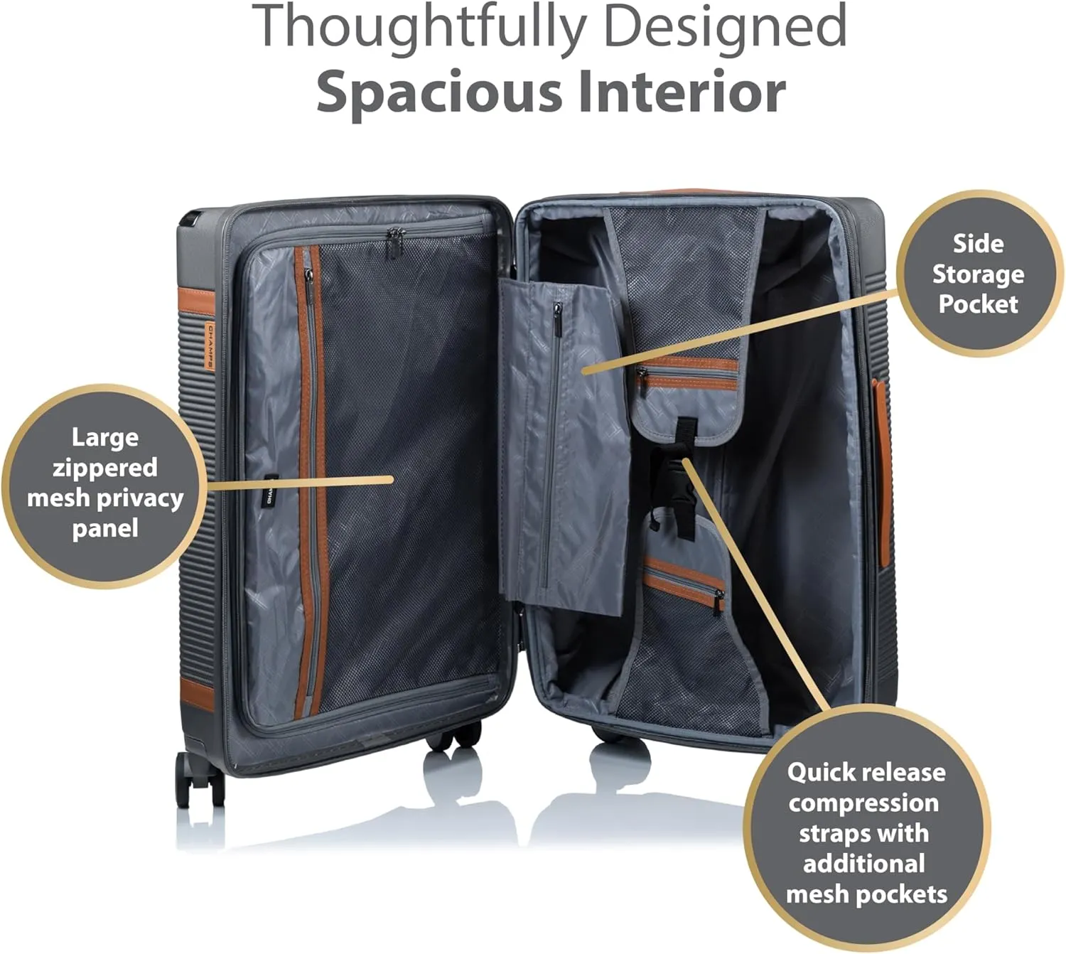 CHAMPS 'VINTAGE III COLLECTION' 3-PIECE EXPANDABLE HARDSIDE SPINNER LUGGAGE SET WITH USB PORT (GREY)