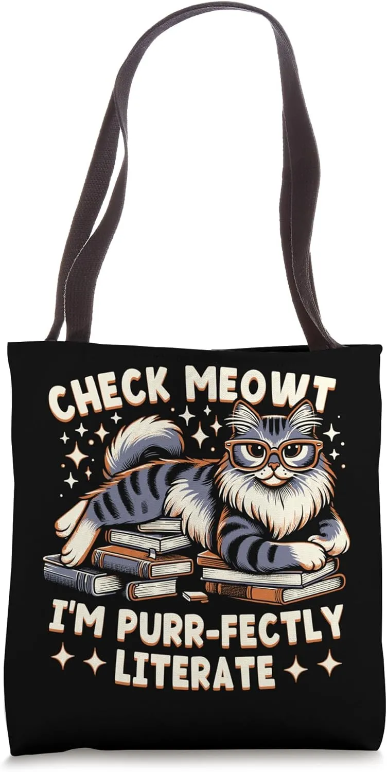 Check Meowt, I'm Purr-fectly Literate Cat Book Lover Tote Bag