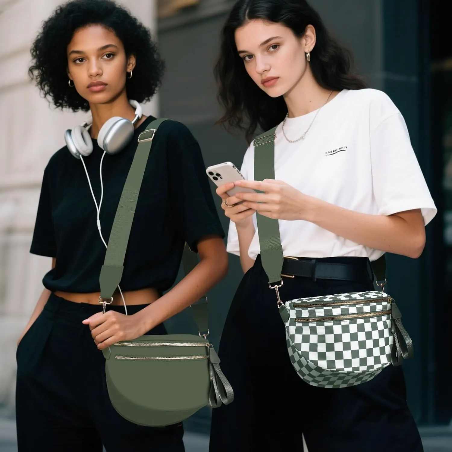 Checkered Crossbody Bag Bum Bags for Women Large Nylon Checkered Purse Fanny Packs Sling Bag, Bonus with a Extra Strap