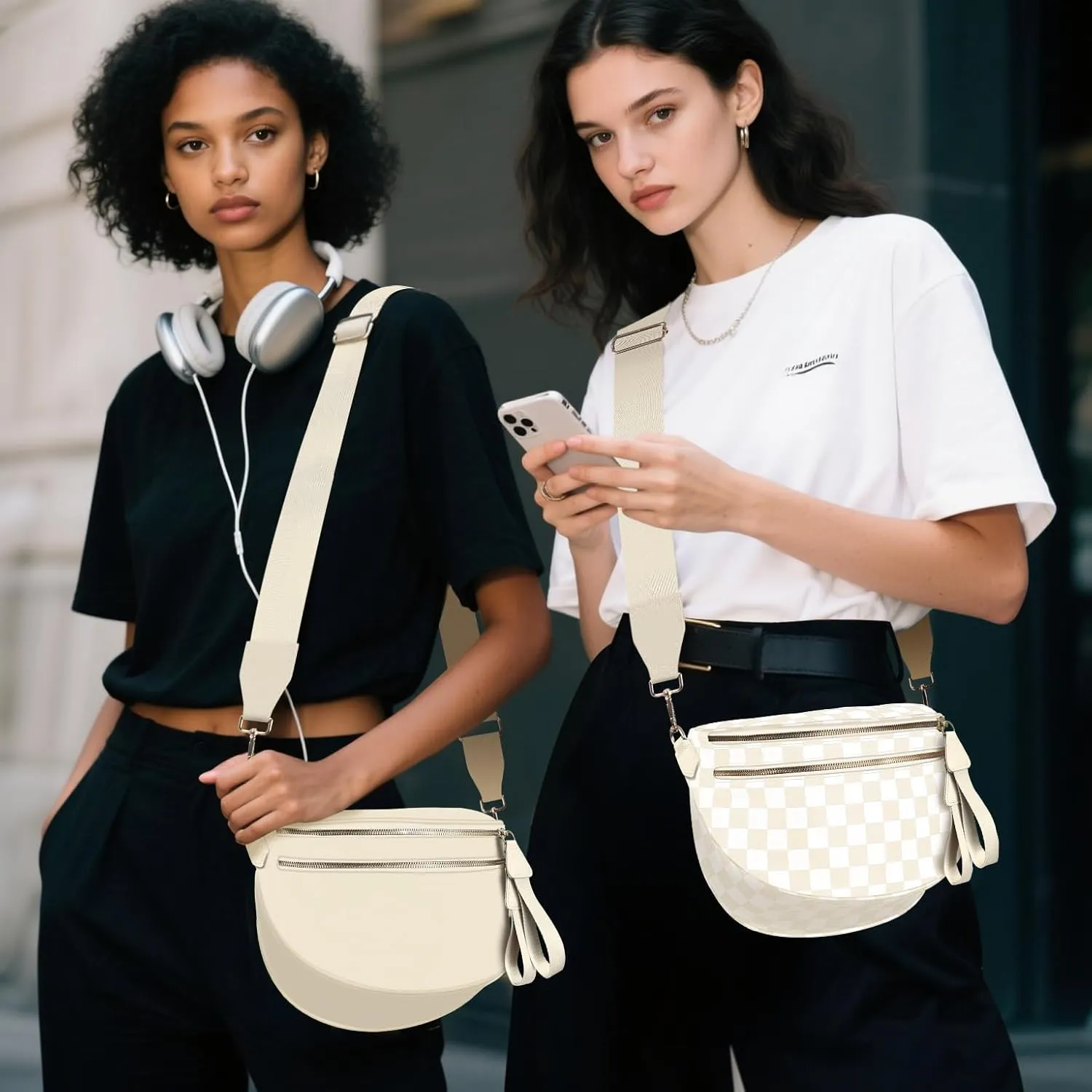 Checkered Crossbody Bag Bum Bags for Women Large Nylon Checkered Purse Fanny Packs Sling Bag, Bonus with a Extra Strap