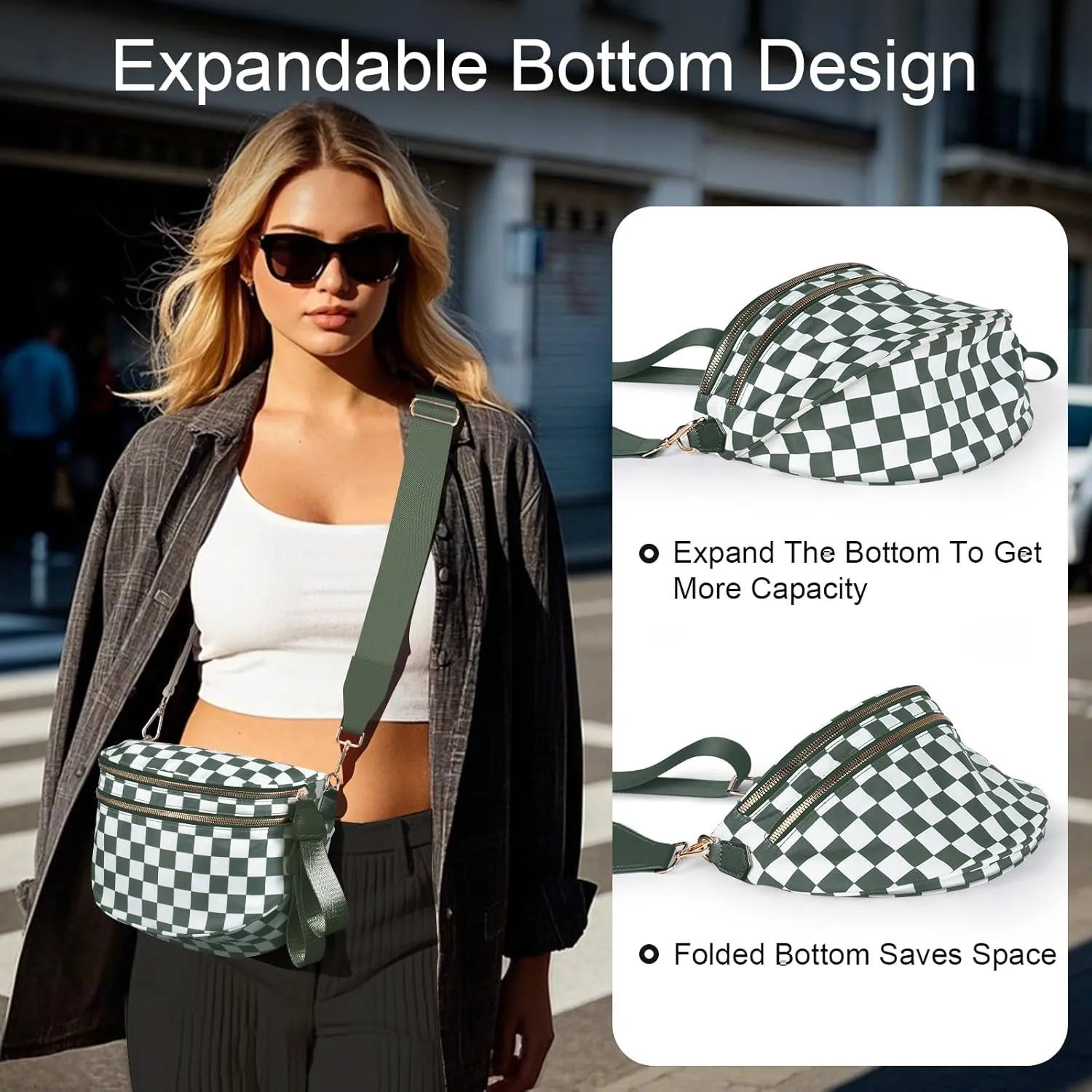 Checkered Crossbody Bag Bum Bags for Women Large Nylon Checkered Purse Fanny Packs Sling Bag, Bonus with a Extra Strap