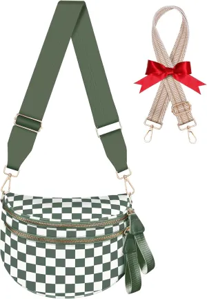 Checkered Crossbody Bag Bum Bags for Women Large Nylon Checkered Purse Fanny Packs Sling Bag, Bonus with a Extra Strap
