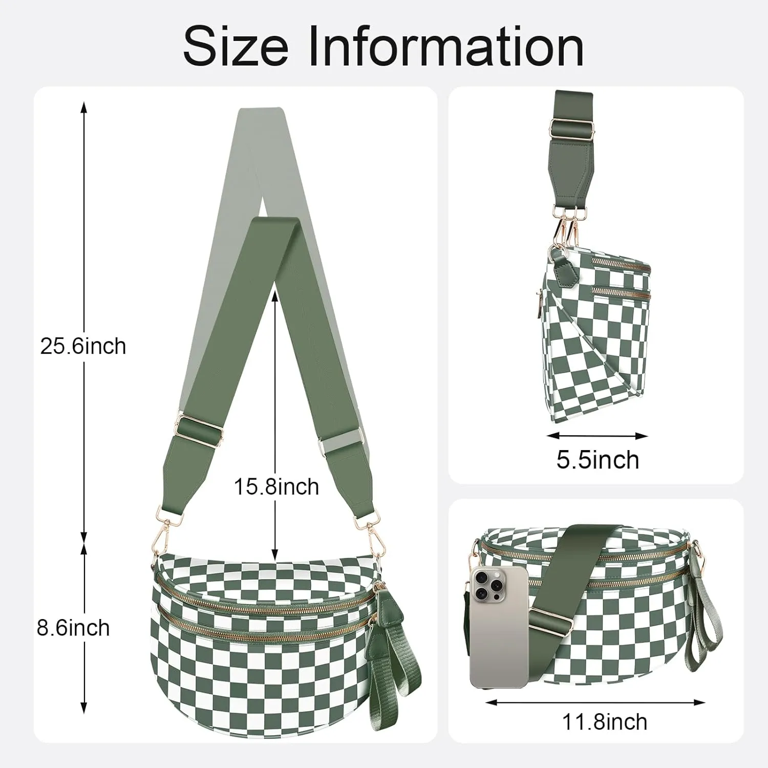 Checkered Crossbody Bag Bum Bags for Women Large Nylon Checkered Purse Fanny Packs Sling Bag, Bonus with a Extra Strap