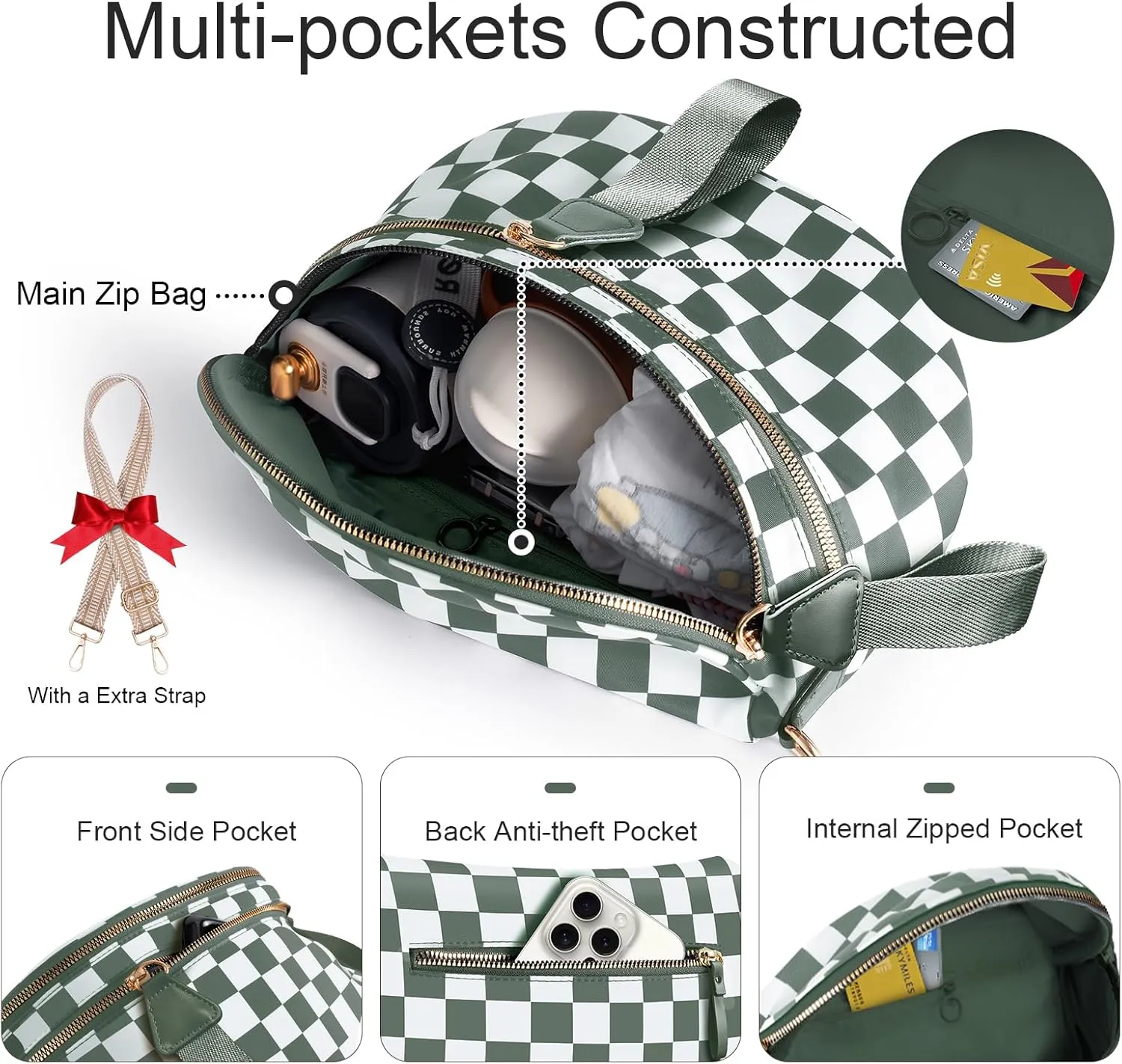 Checkered Crossbody Bag Bum Bags for Women Large Nylon Checkered Purse Fanny Packs Sling Bag, Bonus with a Extra Strap