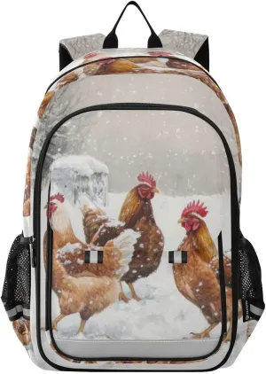 Chickens Winter Barn Backpack for Women Men Travel Laptop Daypack Shoulder Bag Book Bag Daypack with Reflective Strip 12.9” × 17.7”