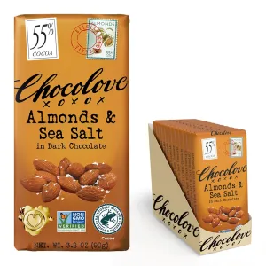 Chocolove Almonds & Sea Salt Dark Chocolate Bars | 55% Cocoa | Crunchy Almonds with a Salty Twist | Premium Belgian Dark Chocolate | Non-GMO & Gluten-Free, 3.2 oz Bar (12 Pack)