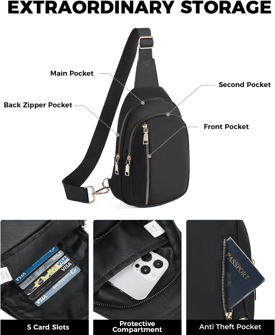 CHOLISS Large Sling Bag for Women and Men, Anti Theft Crossbody Bags with Extended Strap, Nylon Travel Crossbody Fanny Packs