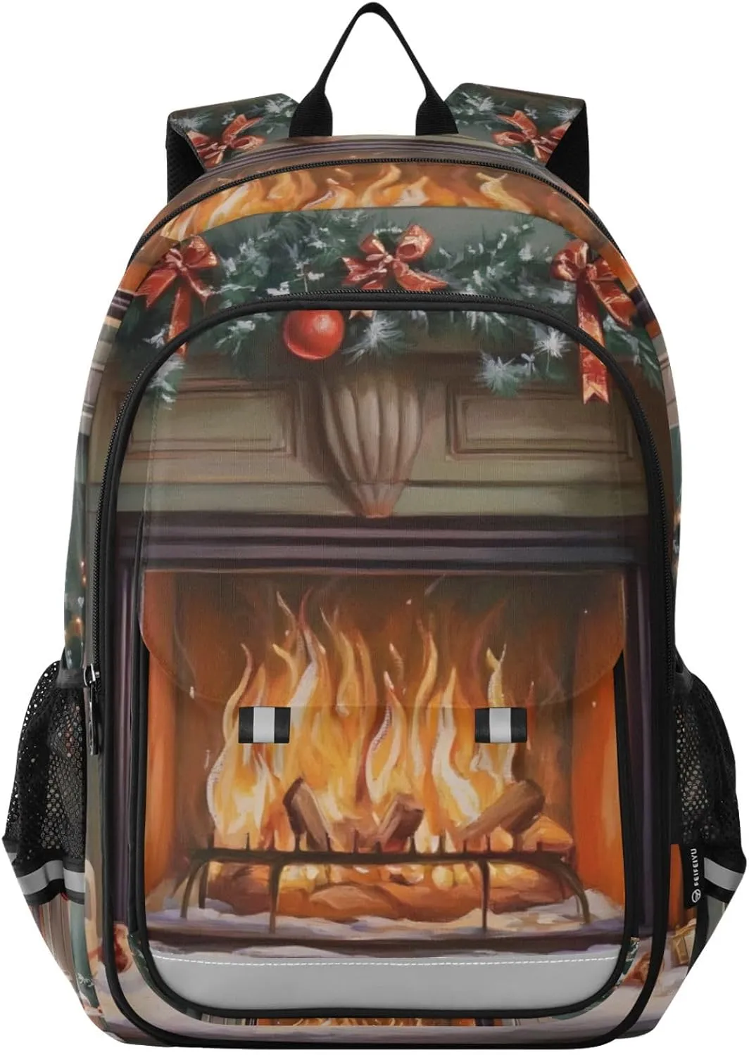 Christmas Stocking Fireplace Backpack Travel Laptop Daypack Shoulder Bag Book Bag Daypack with Reflective Strip 12.9 ×17.7 In