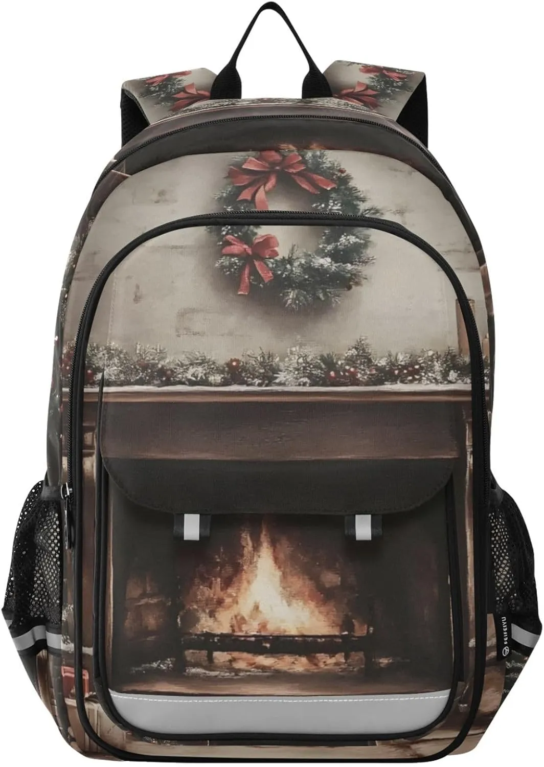 Christmas Tree Fireplace Backpack Travel Laptop Daypack Shoulder Bag Book Bag Daypack with Reflective Strip 12.9 ×17.7 In
