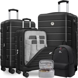 Classic 5-Piece Luggage Set Lightweight Hardside Suitcase TSA Lock Spinner Wheels, 20" Expandable Carry-On Luggage with Front Open Pocket, Bonus Travel Backpack & Makeup Bag, 20/24/28 inch, Black