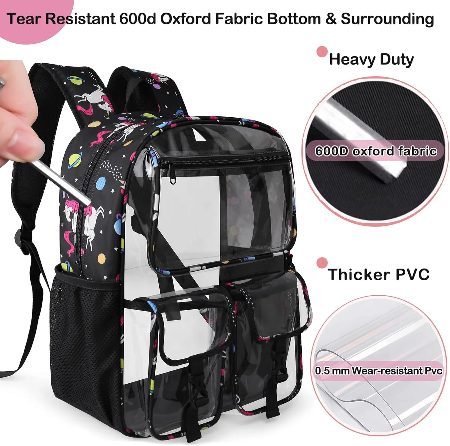 Clear Backpack for Girls, School Kids Heavy Duty See Through Bookbag Unicorn Transparent Backpack with Thicker Strap, Light-Purple