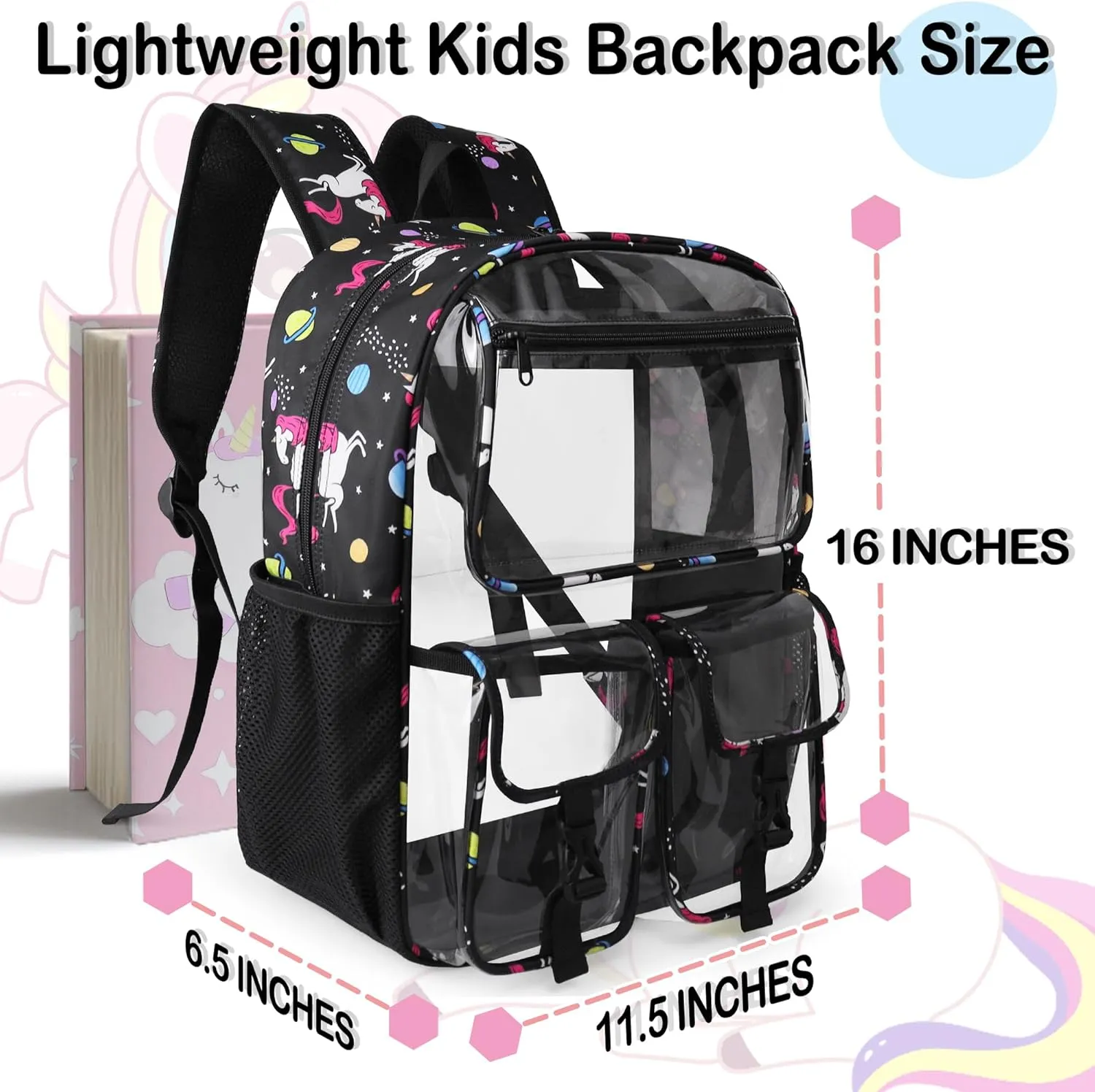 Clear Backpack for Girls, School Kids Heavy Duty See Through Bookbag Unicorn Transparent Backpack with Thicker Strap, Light-Purple