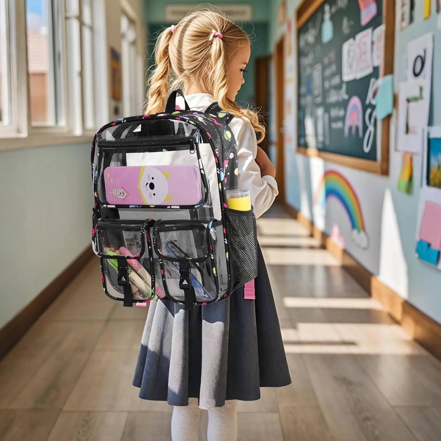 Clear Backpack for Girls, School Kids Heavy Duty See Through Bookbag Unicorn Transparent Backpack with Thicker Strap, Light-Purple