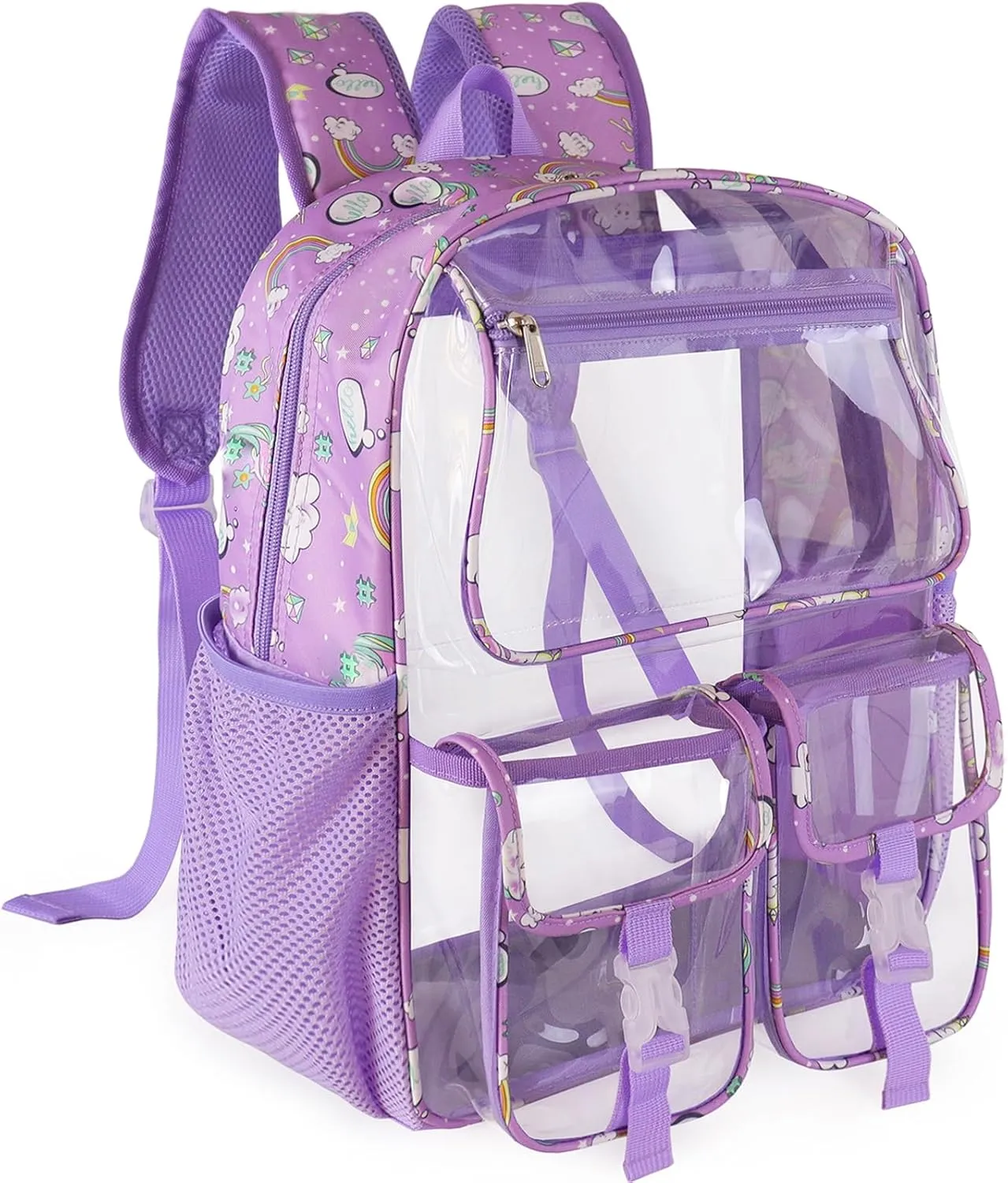 Clear Backpack for Girls, School Kids Heavy Duty See Through Bookbag Unicorn Transparent Backpack with Thicker Strap, Light-Purple
