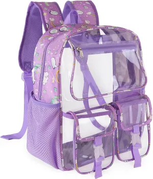 Clear Backpack for Girls, School Kids Heavy Duty See Through Bookbag Unicorn Transparent Backpack with Thicker Strap, Light-Purple