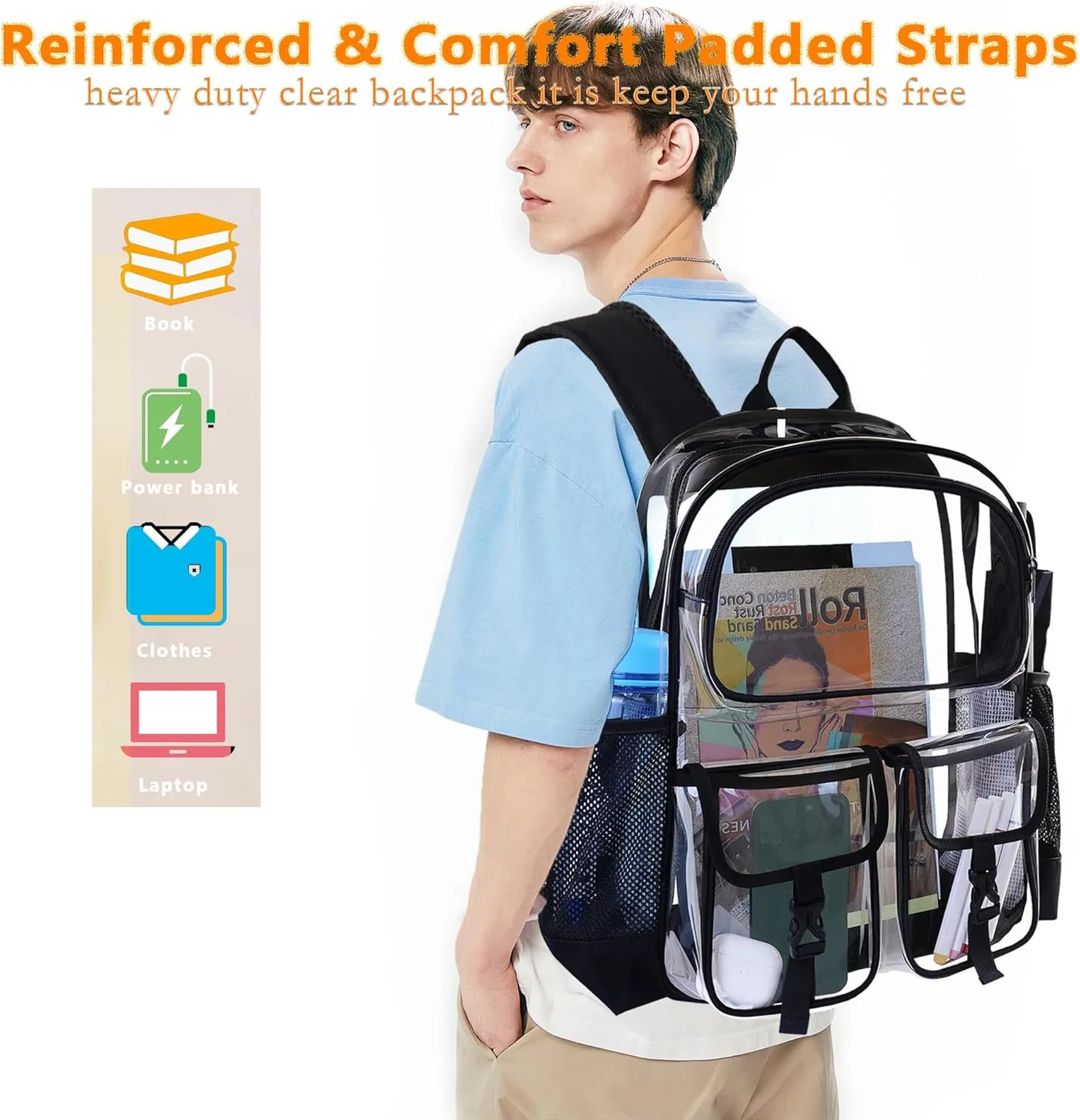 Clear Backpack for School, Clear Bookbag Heavy Duty Transparent Backpacks 17 '' Large See Through Bag for Boys Girls-Black