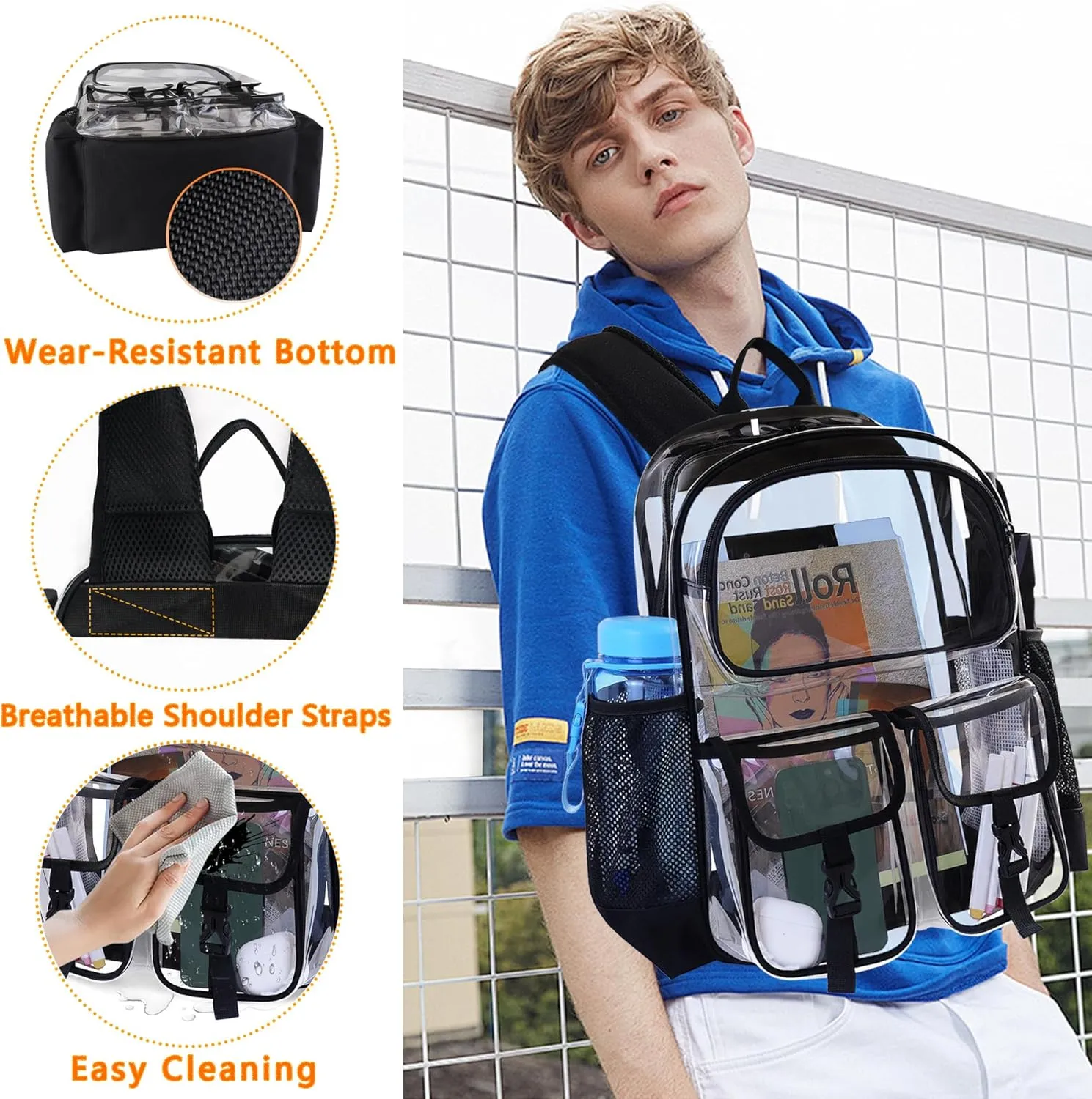 Clear Backpack for School, Clear Bookbag Heavy Duty Transparent Backpacks 17 '' Large See Through Bag for Boys Girls-Black