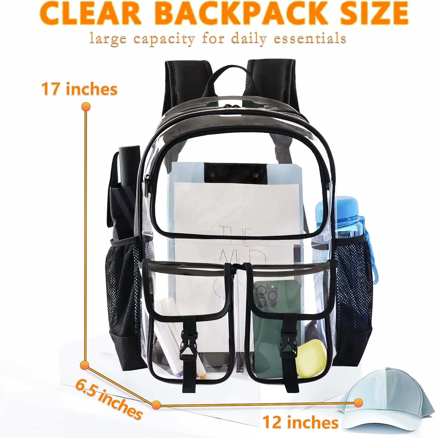 Clear Backpack for School, Clear Bookbag Heavy Duty Transparent Backpacks 17 '' Large See Through Bag for Boys Girls-Black