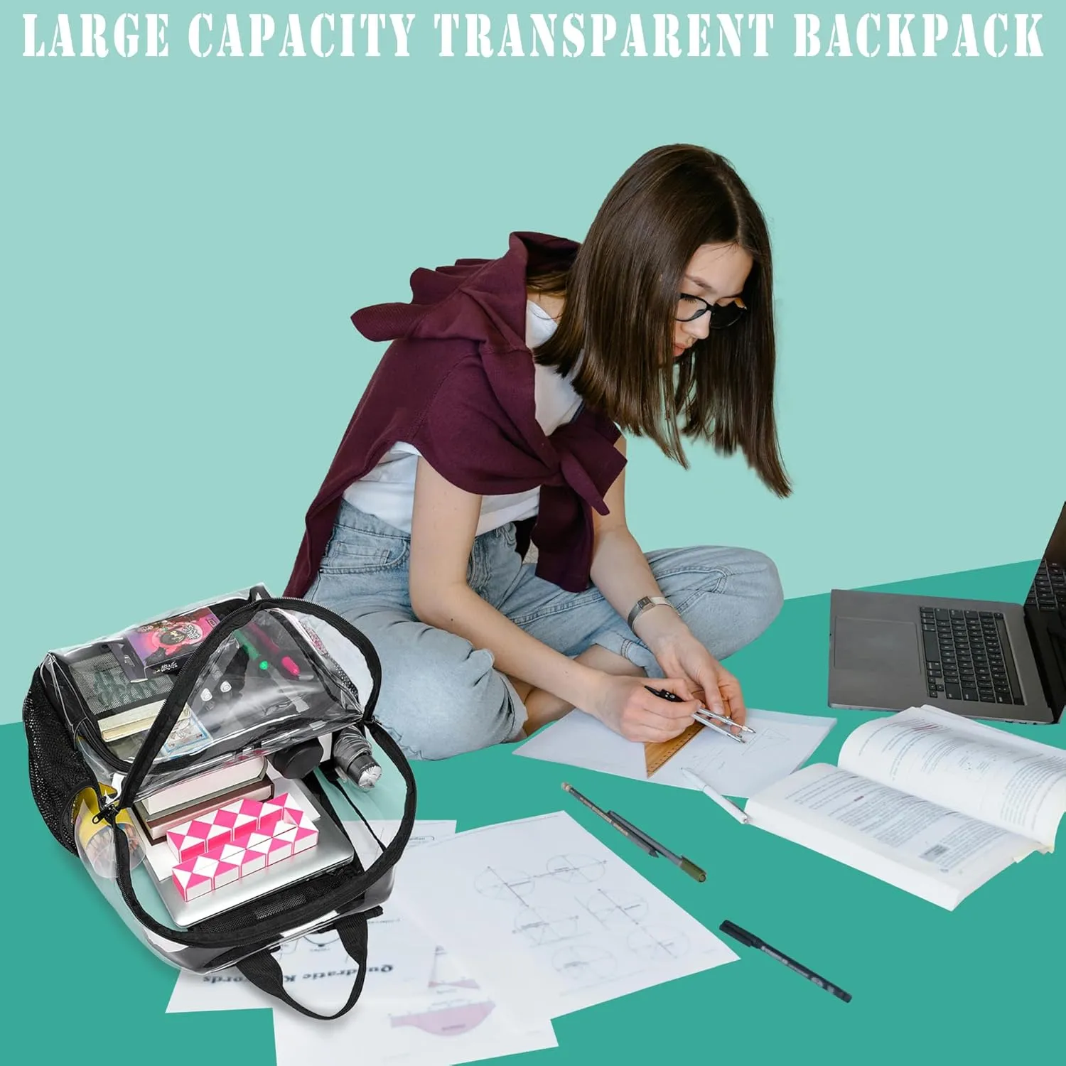 Clear Backpacks for School,18'' Large Clear Backpack Heavy Duty Clear Backpack See Through Backpack Clear Bookbag for Student,School,Work,Travel,Gray