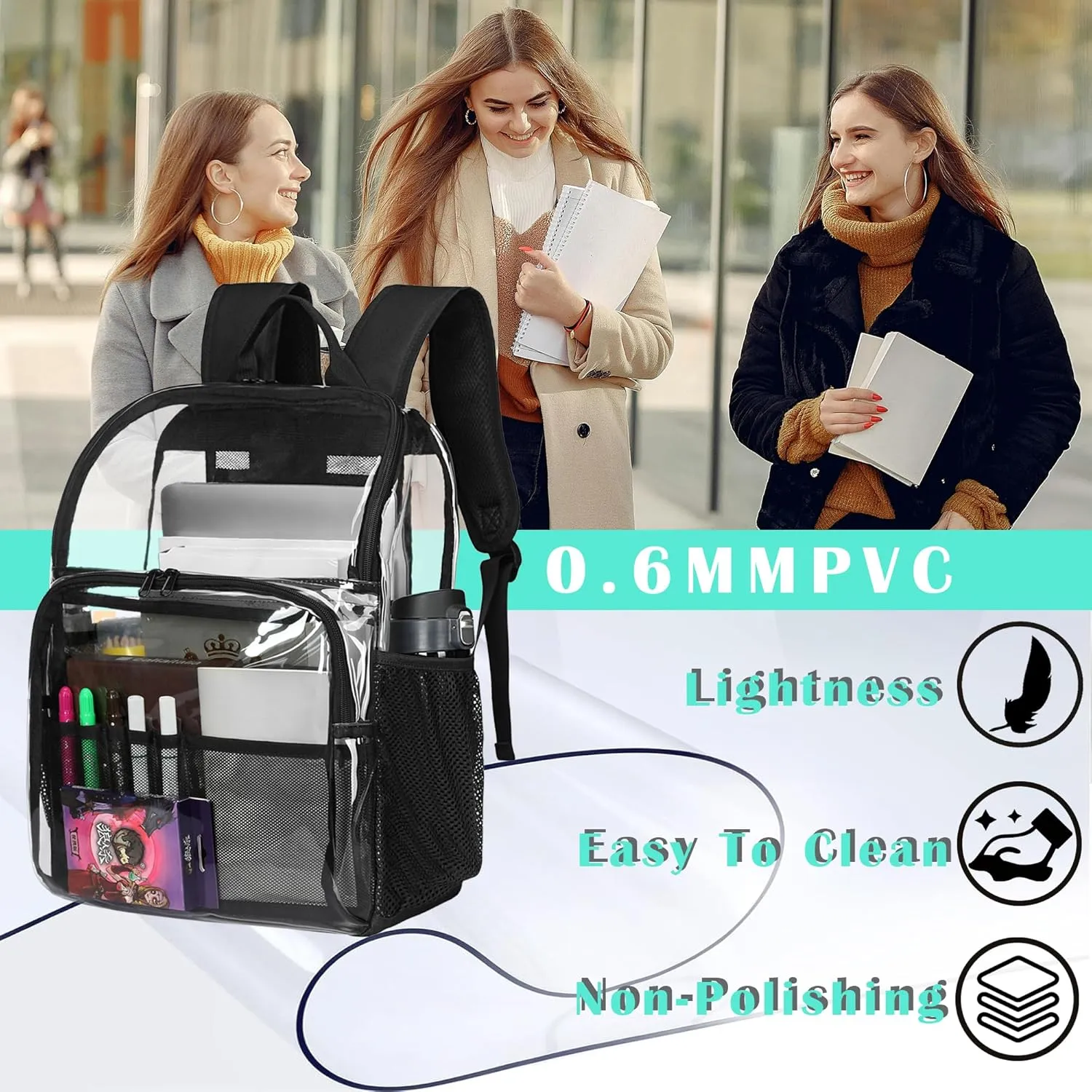 Clear Backpacks for School,18'' Large Clear Backpack Heavy Duty Clear Backpack See Through Backpack Clear Bookbag for Student,School,Work,Travel,Gray