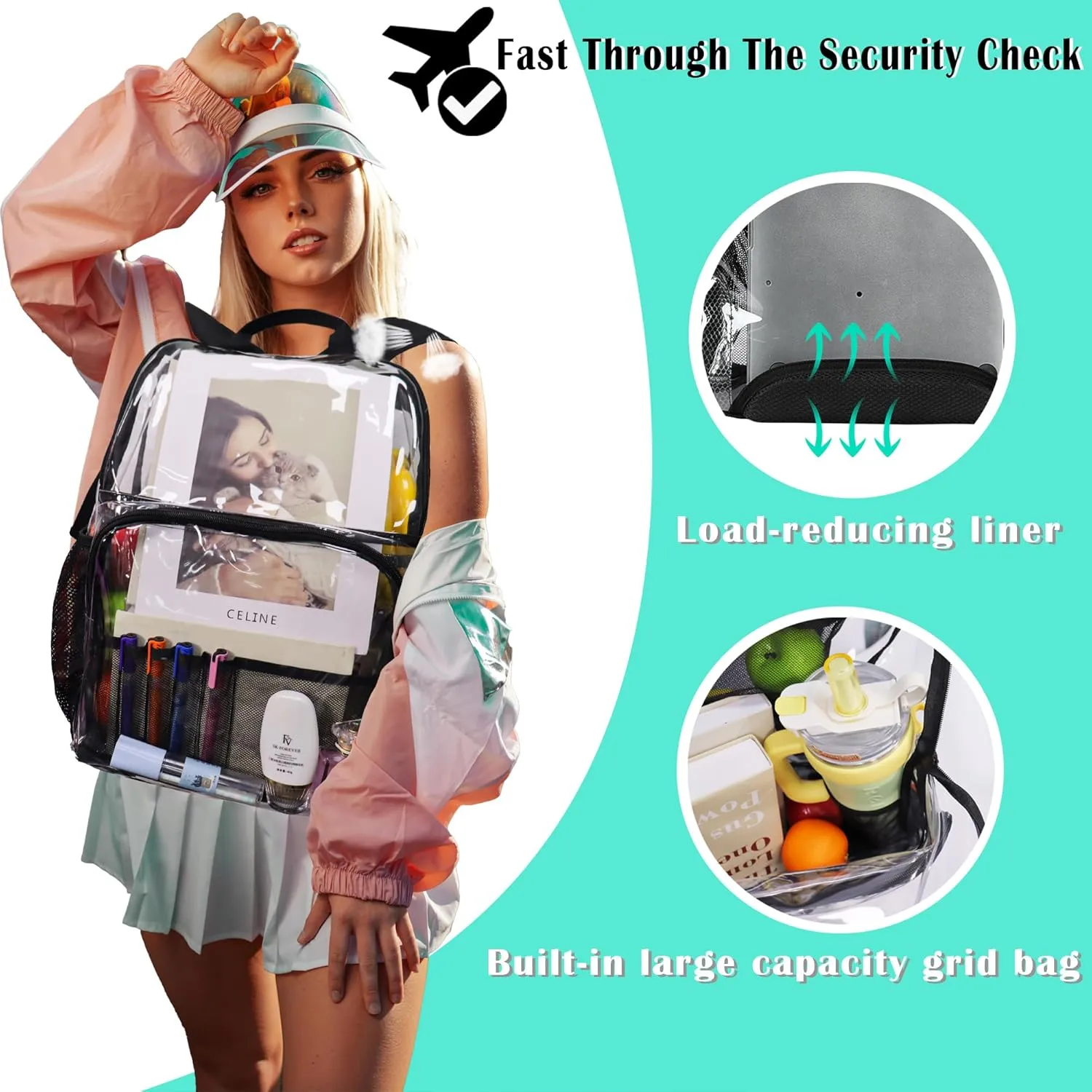 Clear Backpacks for School,18'' Large Clear Backpack Heavy Duty Clear Backpack See Through Backpack Clear Bookbag for Student,School,Work,Travel,Gray
