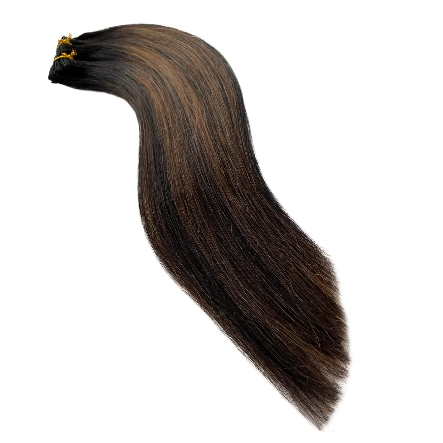 Clip in Hair Extensions Real Human Hair, Natural Black Highlights Medium Brown 18 Inches 5pcs Long Straight Clip ins Human Hair Extensions Handmade Double Weft Remy 70grams