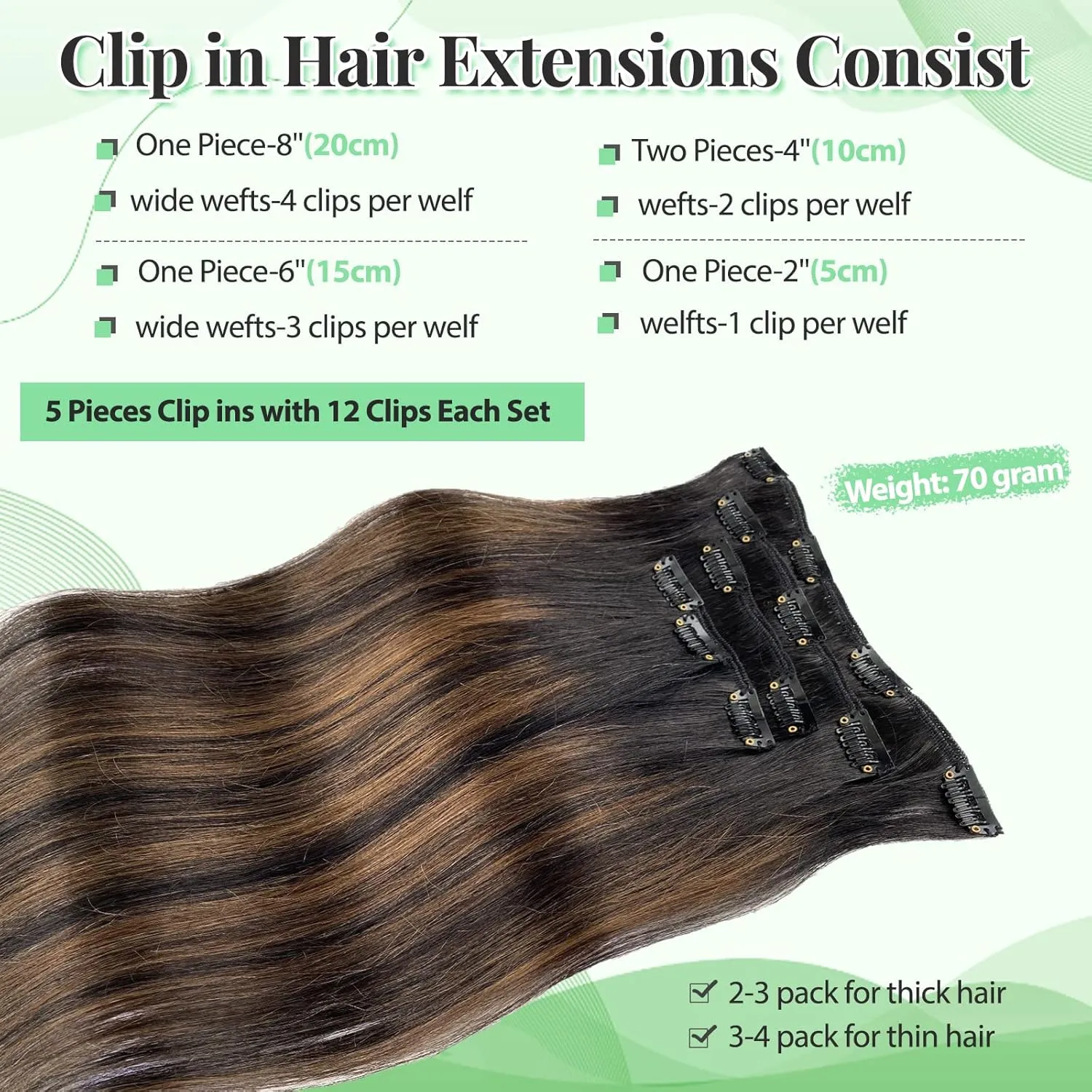 Clip in Hair Extensions Real Human Hair, Natural Black Highlights Medium Brown 18 Inches 5pcs Long Straight Clip ins Human Hair Extensions Handmade Double Weft Remy 70grams