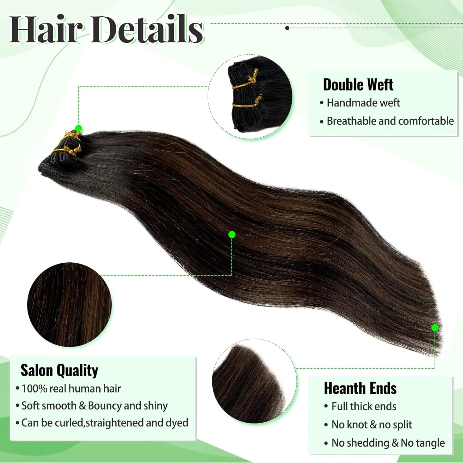 Clip in Hair Extensions Real Human Hair, Natural Black Highlights Medium Brown 18 Inches 5pcs Long Straight Clip ins Human Hair Extensions Handmade Double Weft Remy 70grams