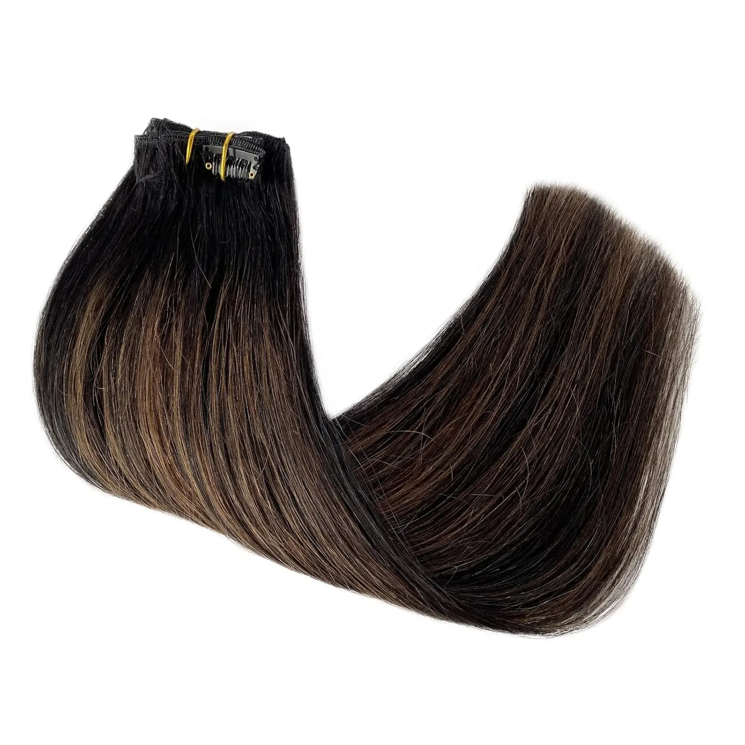 Clip in Hair Extensions Real Human Hair, Natural Black Highlights Medium Brown 18 Inches 5pcs Long Straight Clip ins Human Hair Extensions Handmade Double Weft Remy 70grams