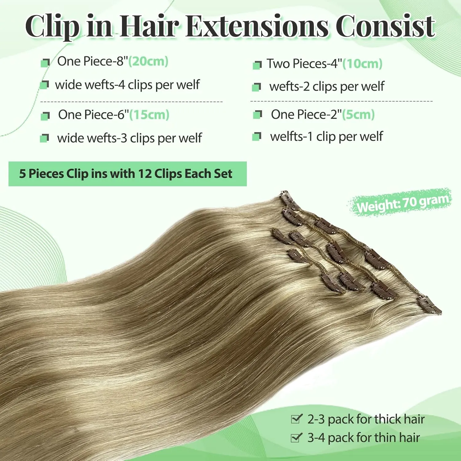Clip in Human Hair Extensions - Beige Blonde Mixed Bleach Blonde Highlights - Real Human Hair, Thick Ends, Long Straight - 18 Inch, 70g, 5pcs