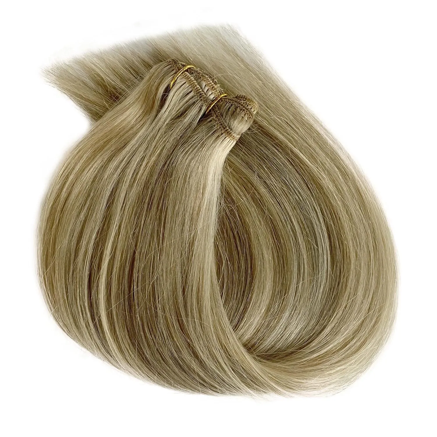 Clip in Human Hair Extensions - Beige Blonde Mixed Bleach Blonde Highlights - Real Human Hair, Thick Ends, Long Straight - 18 Inch, 70g, 5pcs